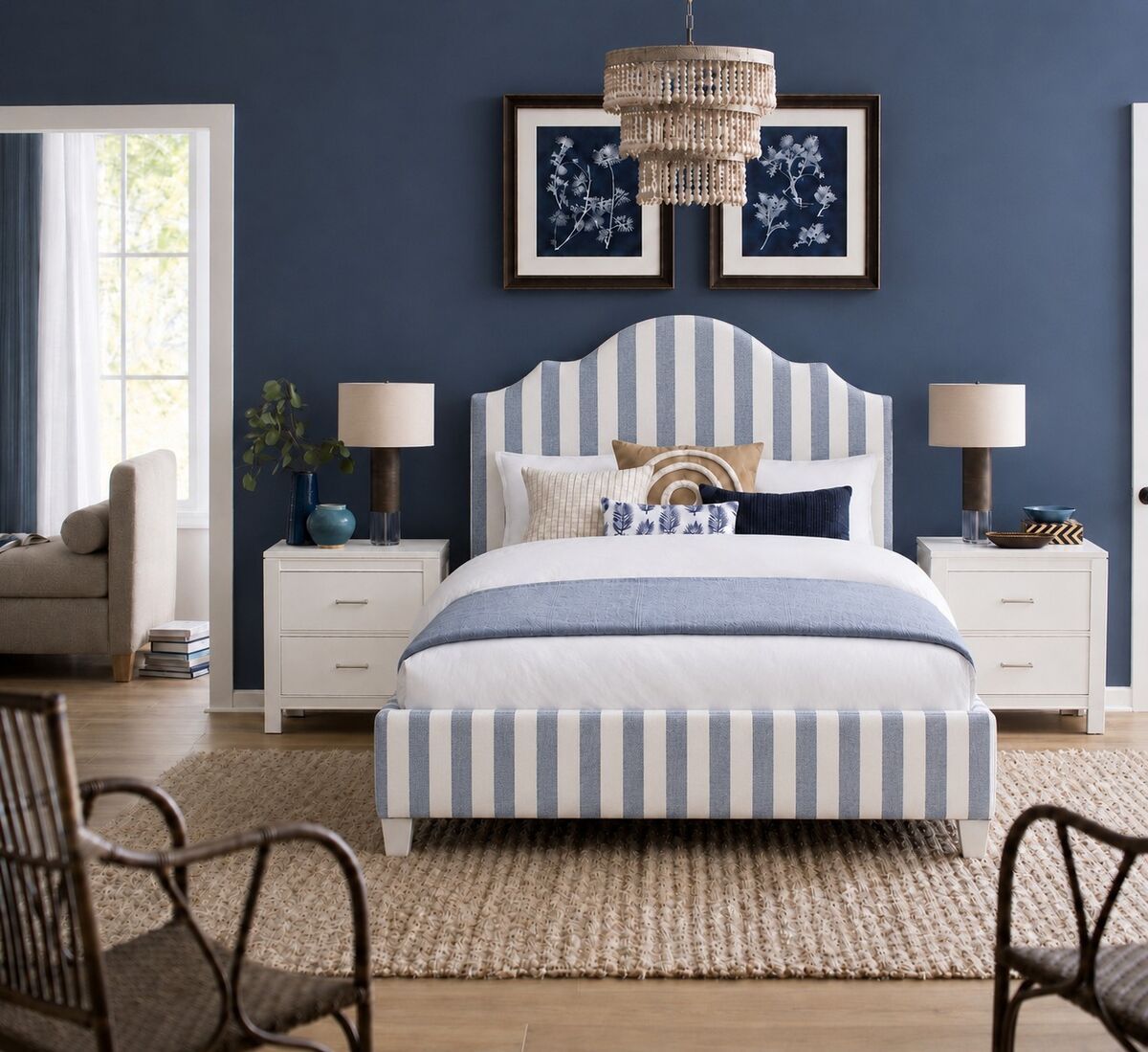 Tide & Timber - Full Upholstered Headboard 4/6 - Blue Stripe / Luxe Blue Oak