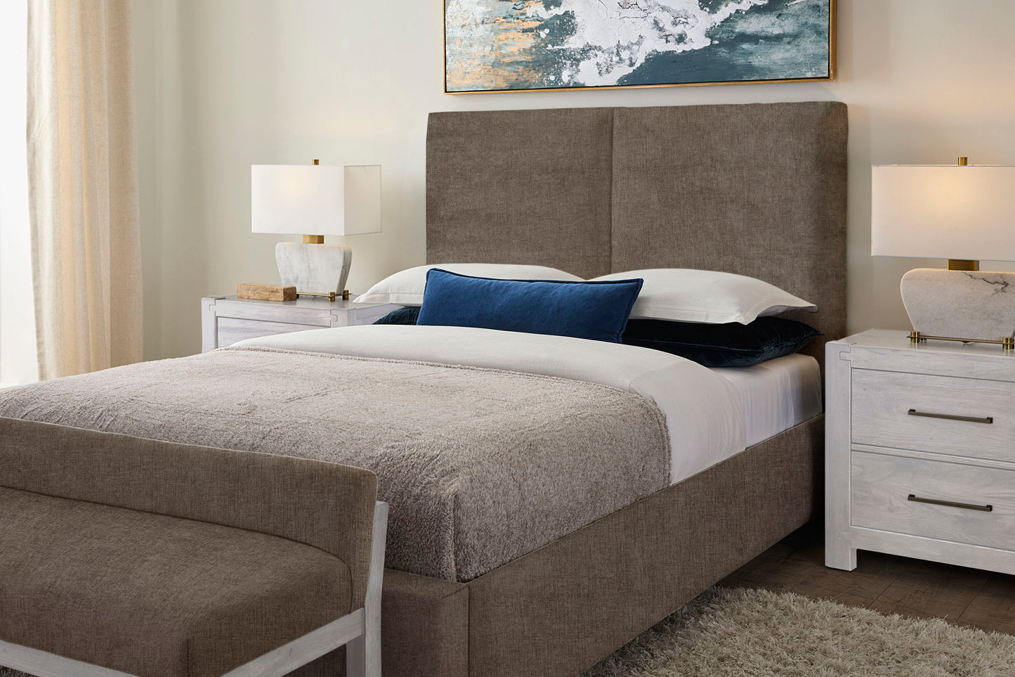 Joinery - Queen Upholstered Headboard - Brindle Gray / Washed White Oak