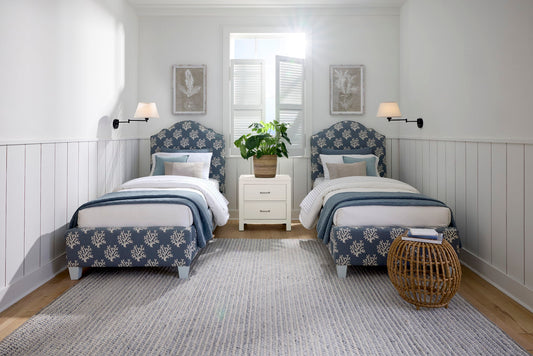 Tide & Timber - Twin Upholstery Headboard In Fabric - Blue / Coral / Soft White Maple