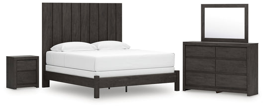 Fraluna King Panel Bed with Mirrored Dresser and Nightstand