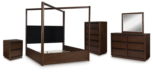 Dilenno California King Canopy Bed with Mirrored Dresser, Chest and Nightstand