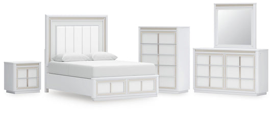 Chalanna Queen Upholstered Storage Bed, Dresser, Mirror, Chest and Nightstand