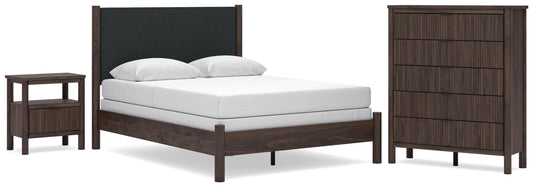Pamytta Queen Upholstered Panel Bed, Dresser, Mirror and Nightstand