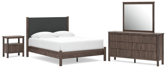 Cadmori Queen Upholstered Panel Platform Bed, Dresser, Mirror and Nightstand