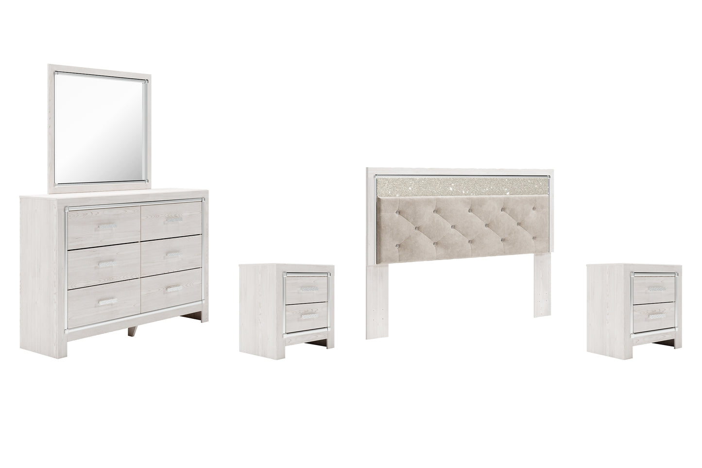 Altyra King Panel Headboard with Mirrored Dresser, Chest and 2 Nightstands