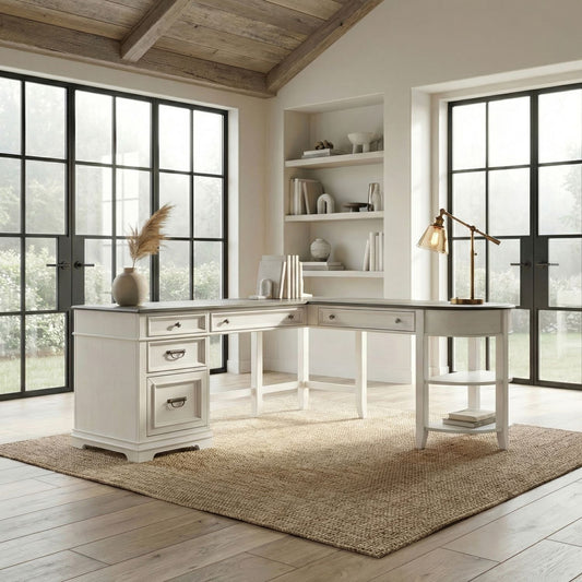 Allyson Park - Optional L Shaped Desk Set - Wirebrushed White / Charcoal