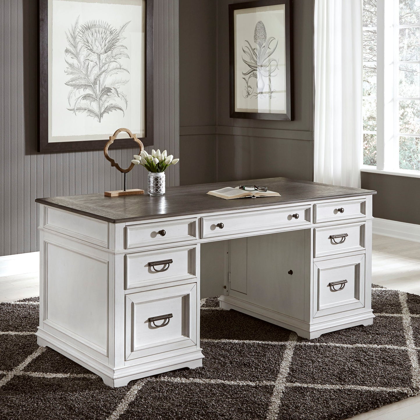 Allyson Park - Jr Executive Desk Base - Wirebrushed White / Charcoal