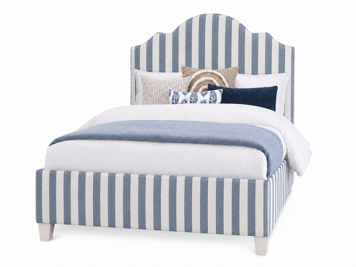 Tide & Timber - Queen Upholstered Headboard 5/0 - Blue Stripe / Luxe Blue Oak