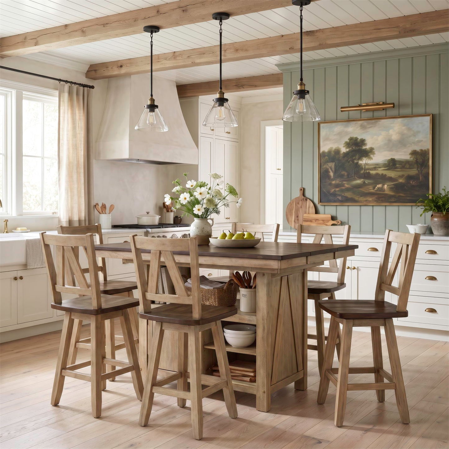 Lindsey Farm - 7 Piece Gathering Table Set - Natural & Brown