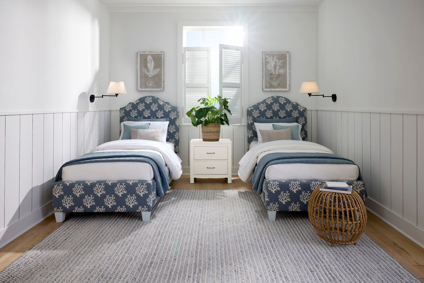 Tide & Timber - Twin Upholstery Footboard In Blue Coral Fabric - Soft White Maple