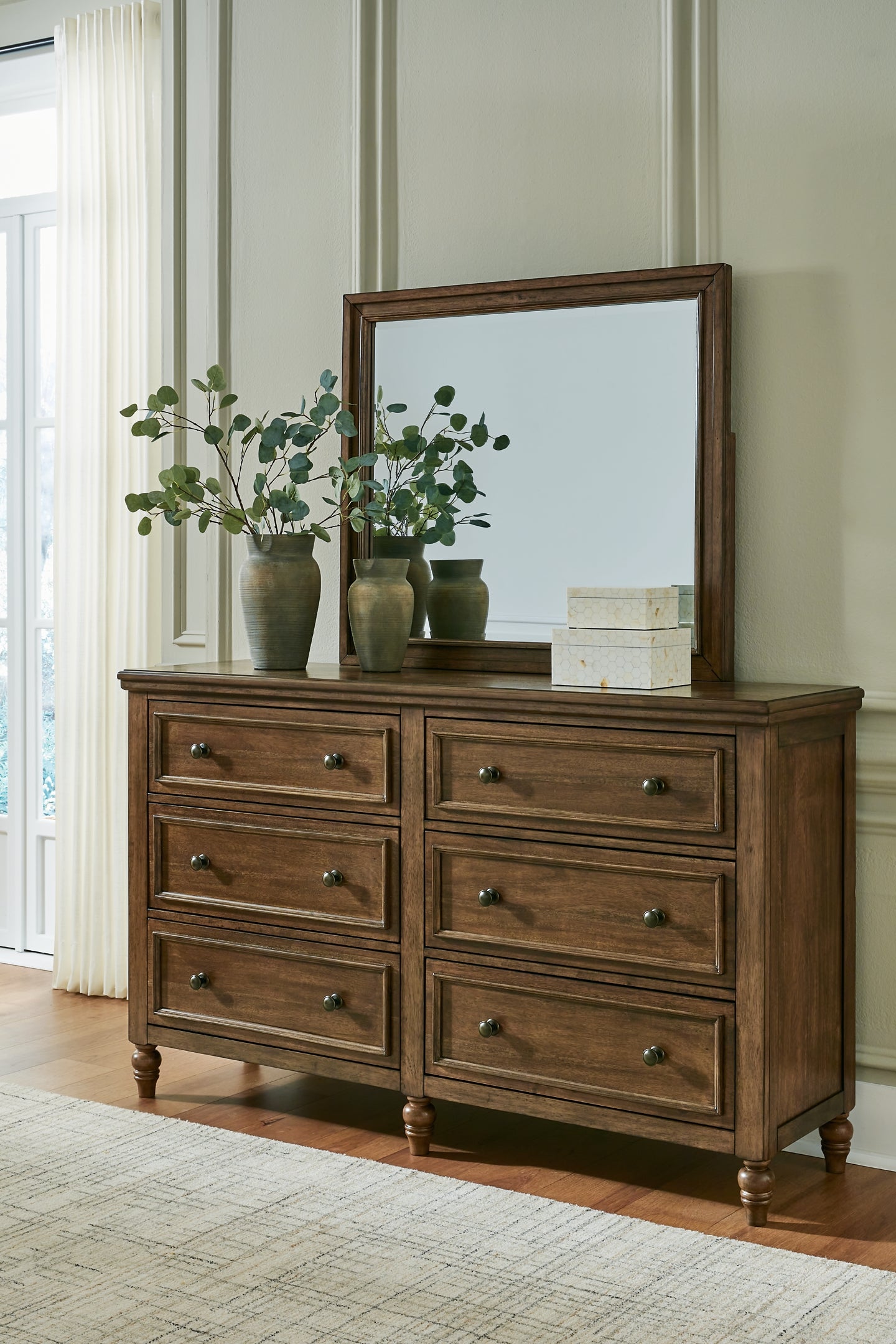 Sturlayne California King Upholstered Panel Bed with Mirrored Dresser, Chest and Nightstand
