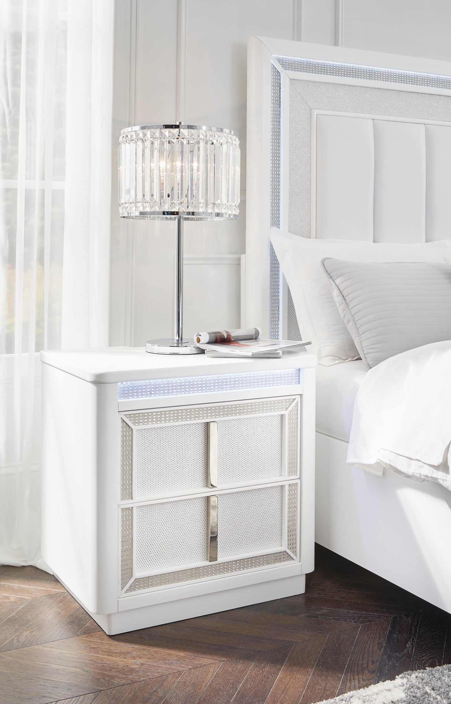 Chalanna California King Upholstered Storage Bed with Mirrored Dresser, Chest and Nightstand