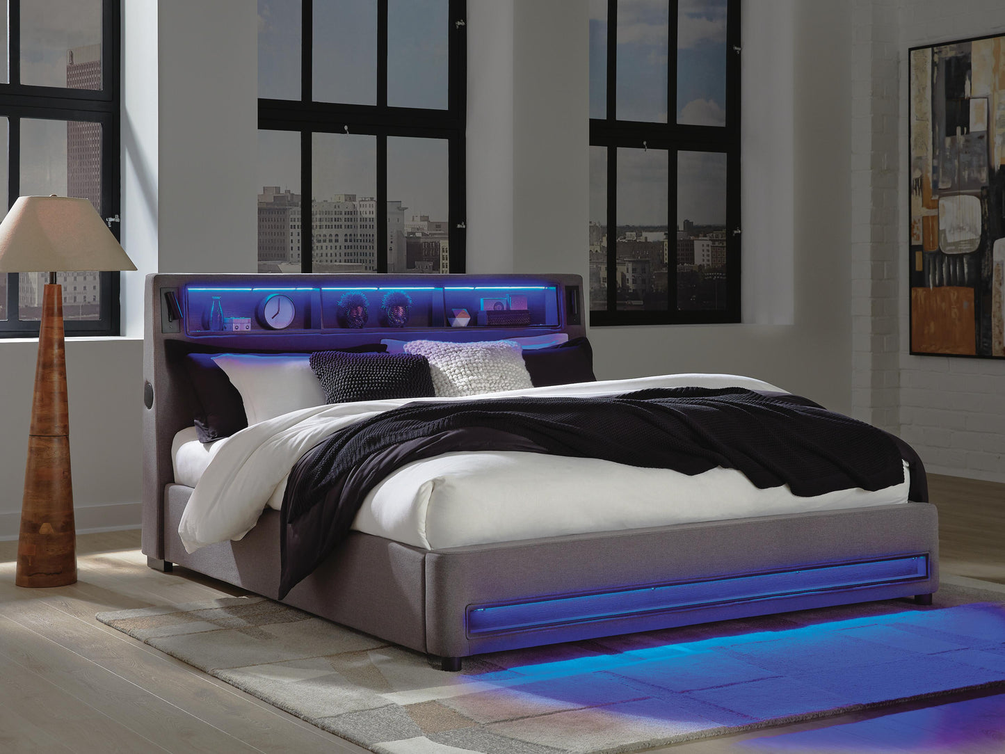 Verishaw King Upholstered Bed with Wireless Audio