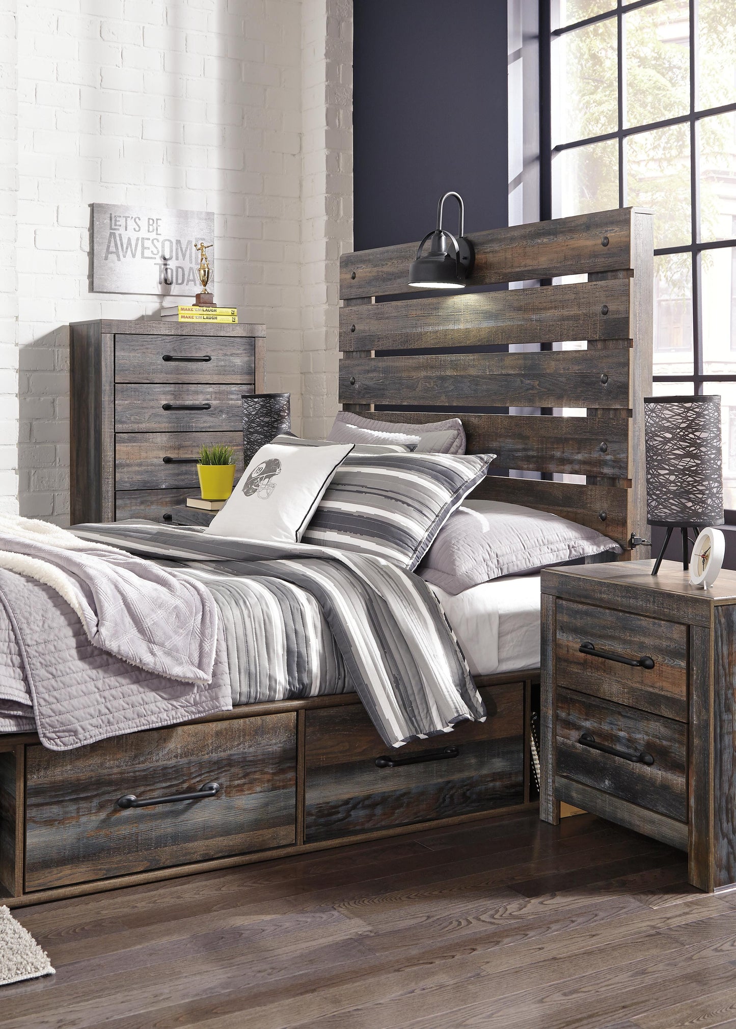 Drystan Full Panel Bed with 4 Storage Drawers with Mirrored Dresser