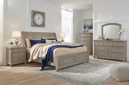 Lettner California King Sleigh Bed with Mirrored Dresser, Chest and Nightstand