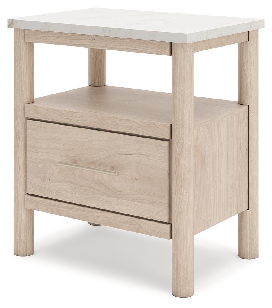 Cadmori Queen Upholstered Panel Bed with Mirrored Dresser and Nightstand