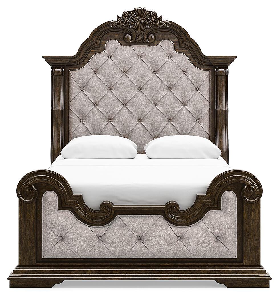 Maylee Queen Upholstered Bed, Dresser, Mirror, Chest and Nightstand