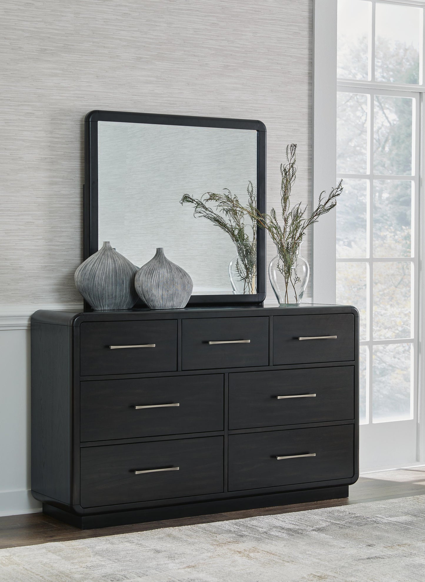 Rowanbeck King Upholstered Panel Bed, Dresser, Mirror and Nightstand