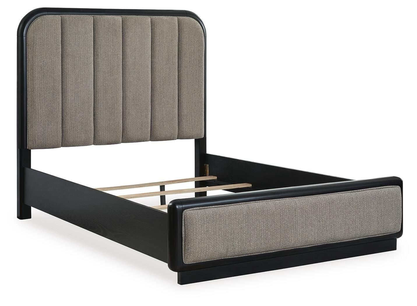 Rowanbeck Queen Upholstered Panel Bed with Mirrored Dresser and Nightstand