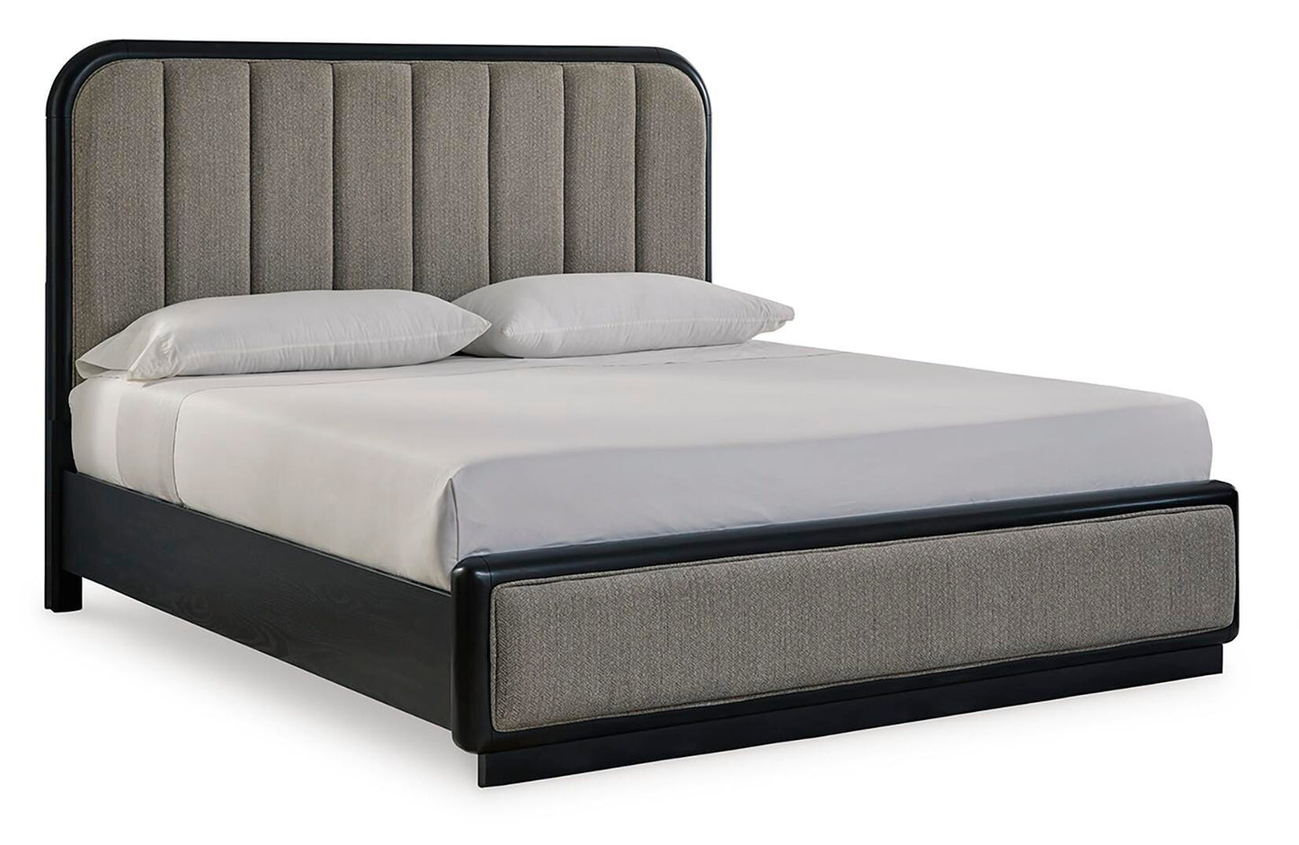 Rowanbeck California King Upholstered Panel Bed, Dresser, Mirror and Nightstand
