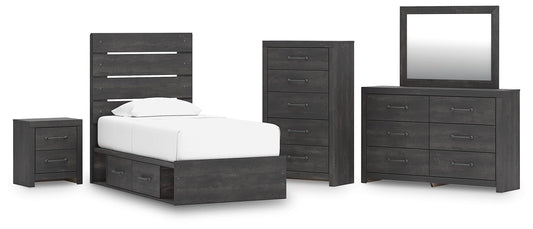 Hollivern Twin Panel Bed with Storage, Dresser, Mirror, Chest and Nightstand
