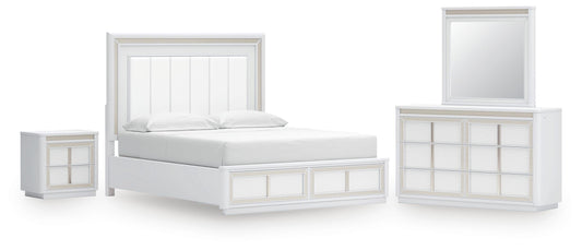 Chalanna California King Upholstered Storage Bed, Dresser, Mirror and Nightstand