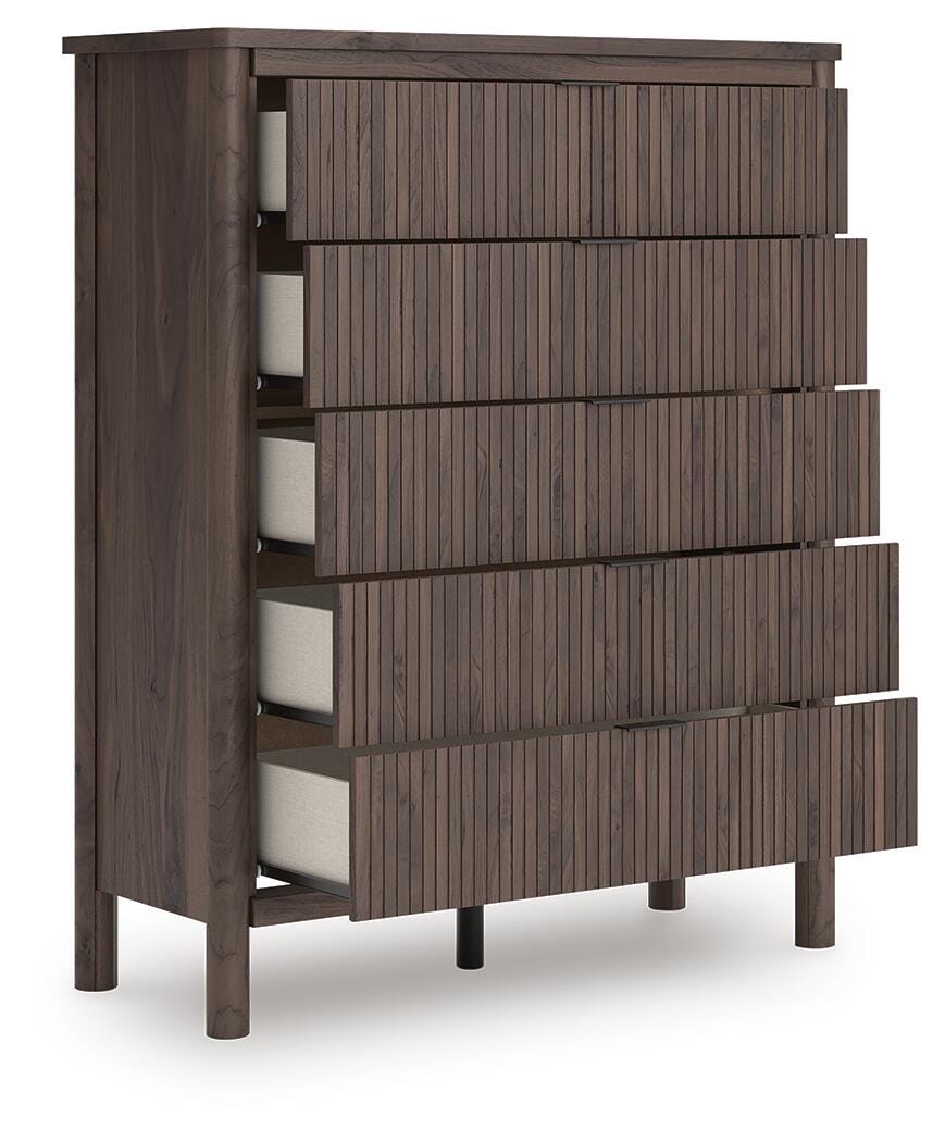 Pamytta King Upholstered Panel Platform Bed, Dresser, Mirror, Chest and Nightstand