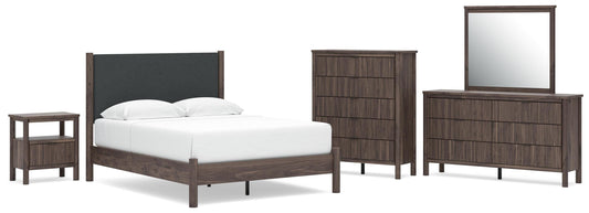 Pamytta Queen Upholstered Panel Platform Bed, Dresser, Mirror, Chest and Nightstand