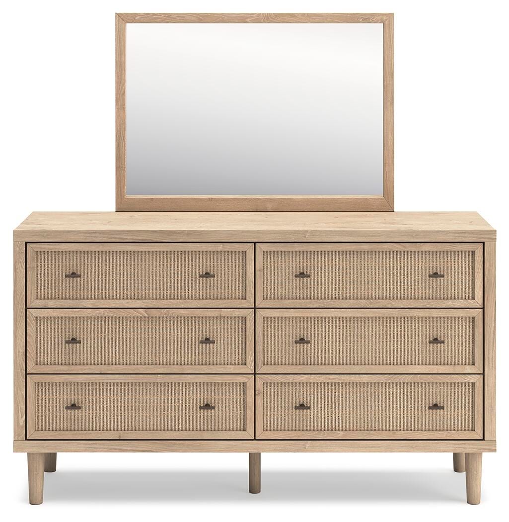 Cielden California King Upholstered Bed with Roll Slats, Dresser and Mirror
