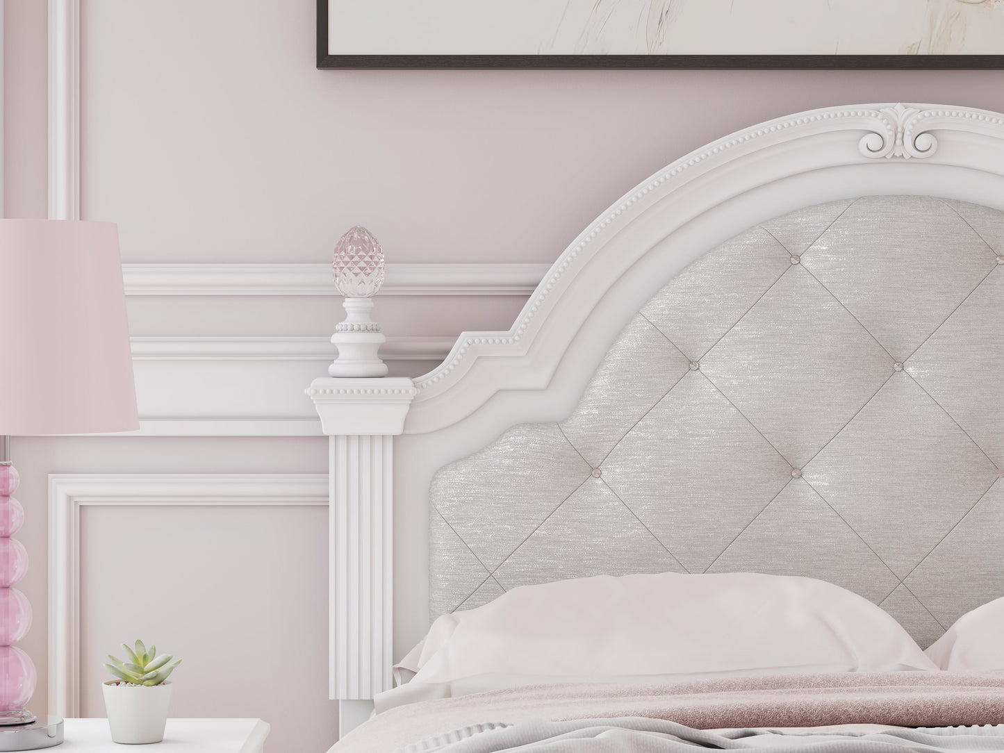 Kozlani Full Upholstered Panel Bed, Dresser, Mirror and Nightstand