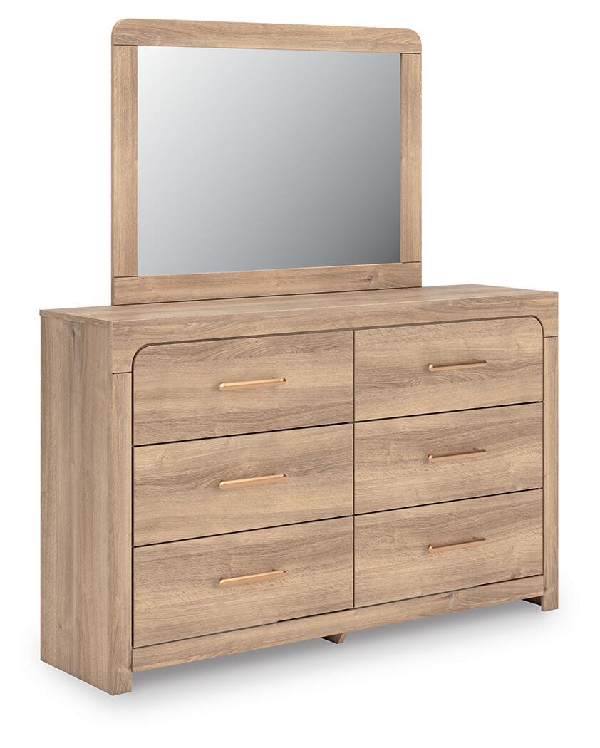 Kinlanni Queen Upholstered Panel Bed, Dresser, Mirror and Nightstand