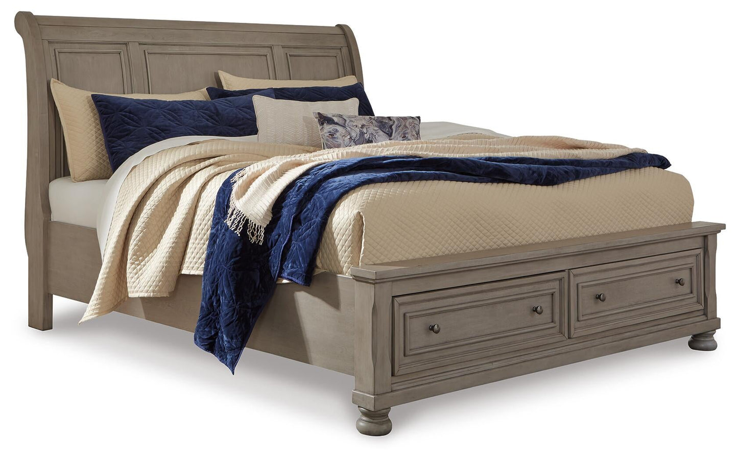 Lettner Queen Sleigh Bed with 2 Storage Drawers with Mirrored Dresser