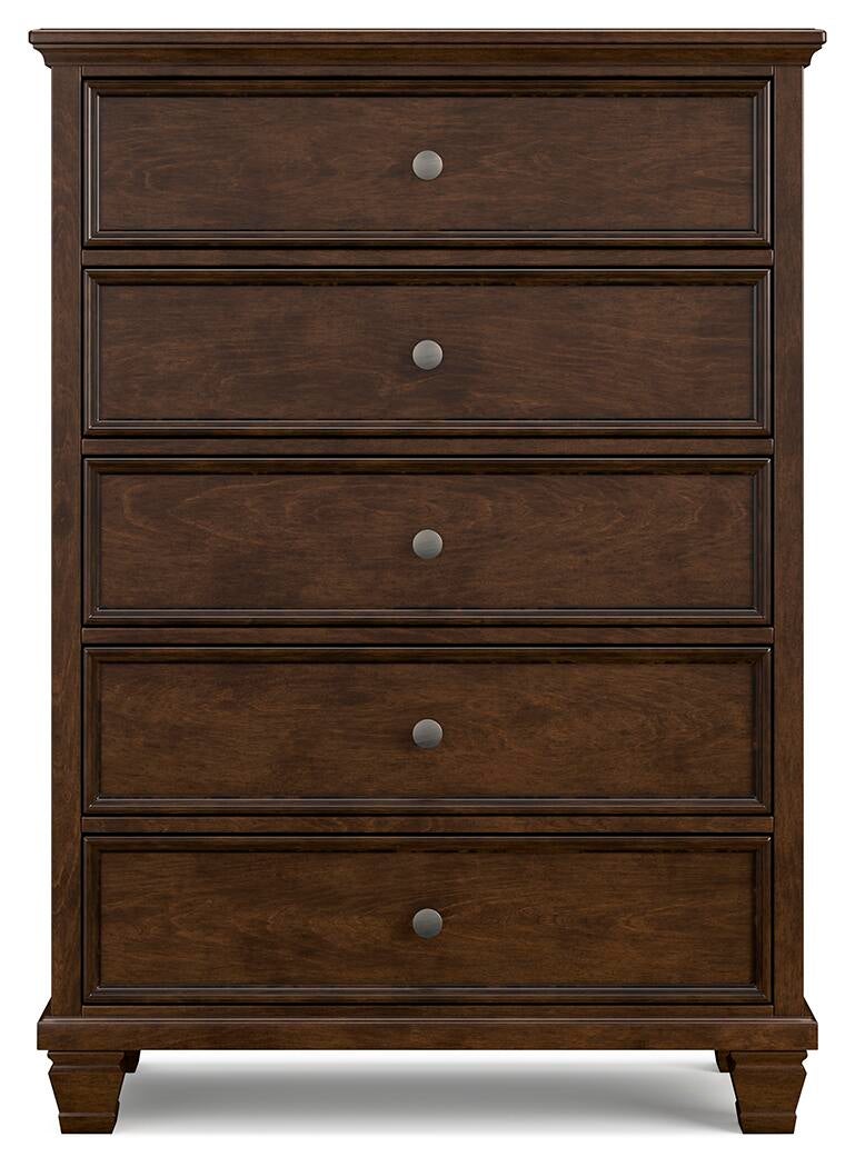 Danabrin California King Panel Bed with Mirrored Dresser, Chest and Nightstand