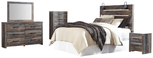 Drystan Queen Panel Headboard Bed with Mirrored Dresser, Chest and Nightstand