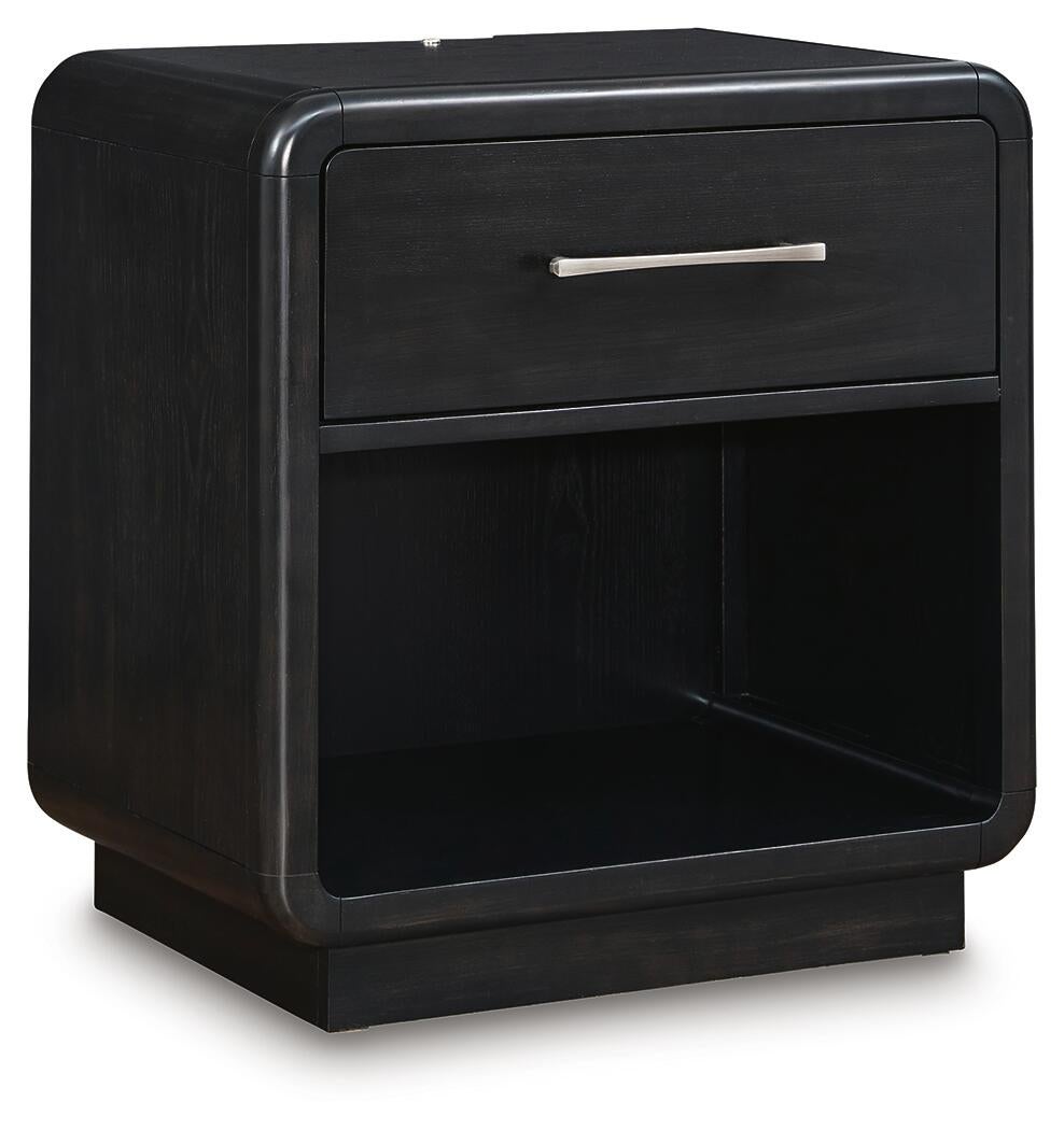 Rowanbeck California King Upholstered Panel Bed, Dresser, Mirror and Nightstand