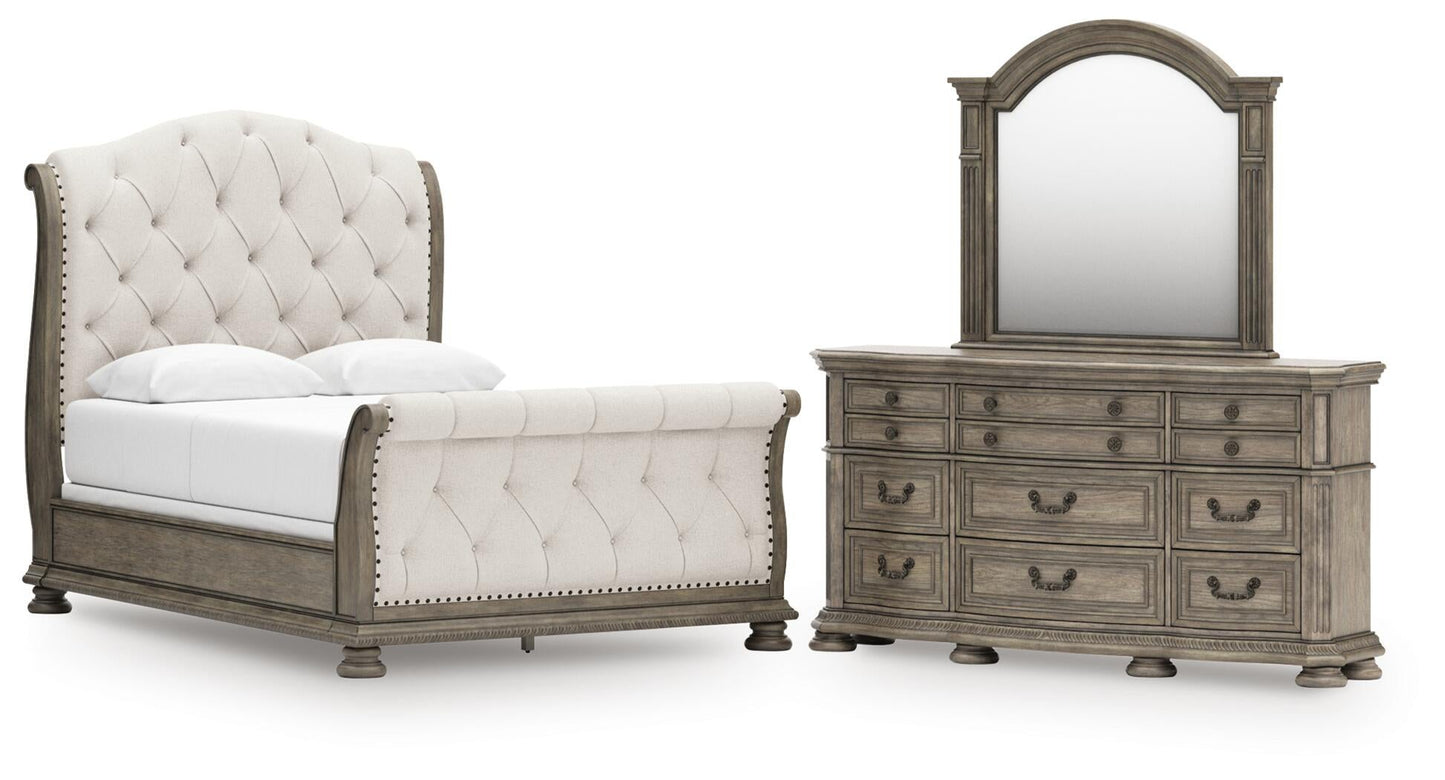 Ardenfield Queen Upholstered Sleigh Bed, Dresser and Mirror