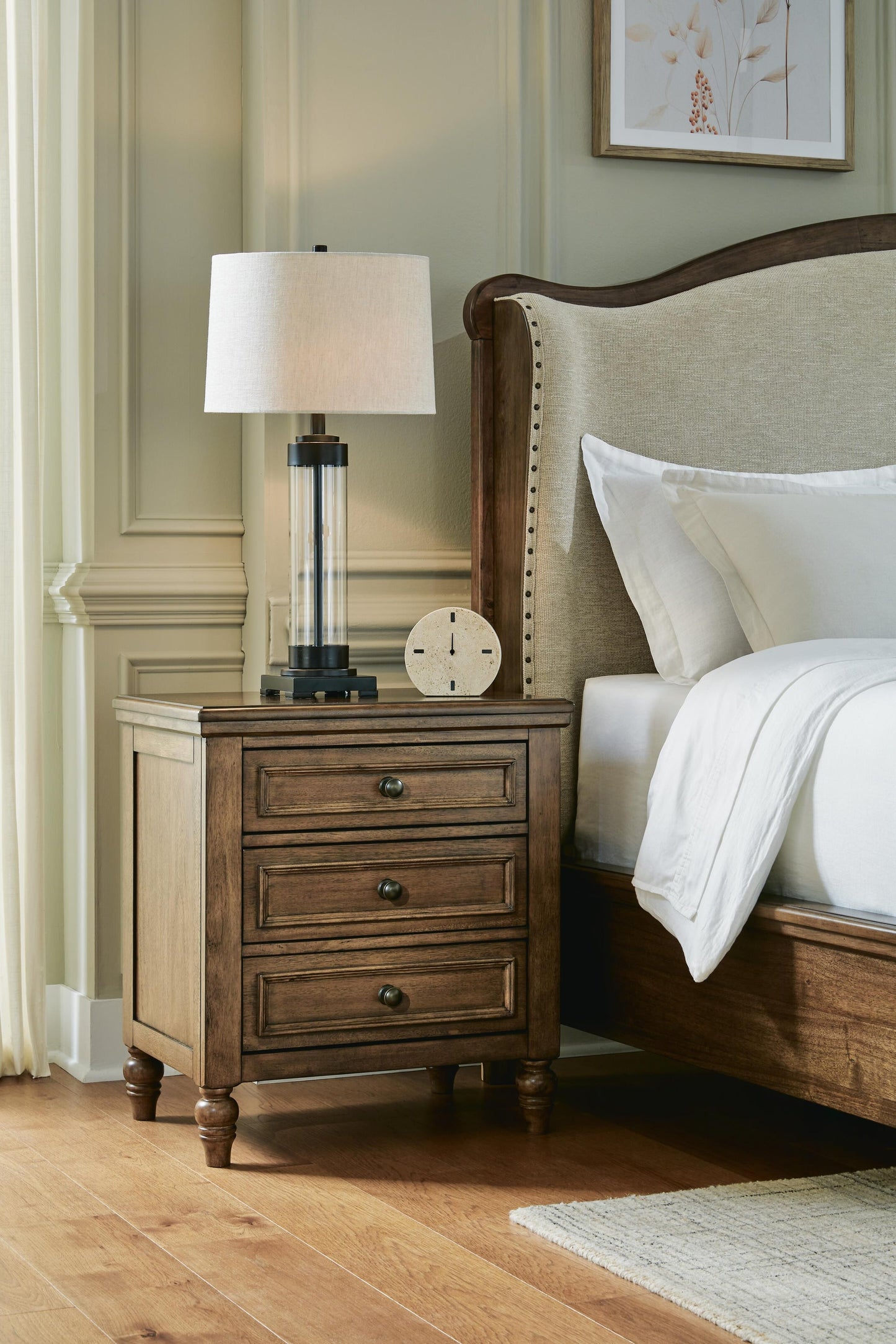 Sturlayne California King Upholstered Panel Bed, Dresser, Mirror and Nightstand
