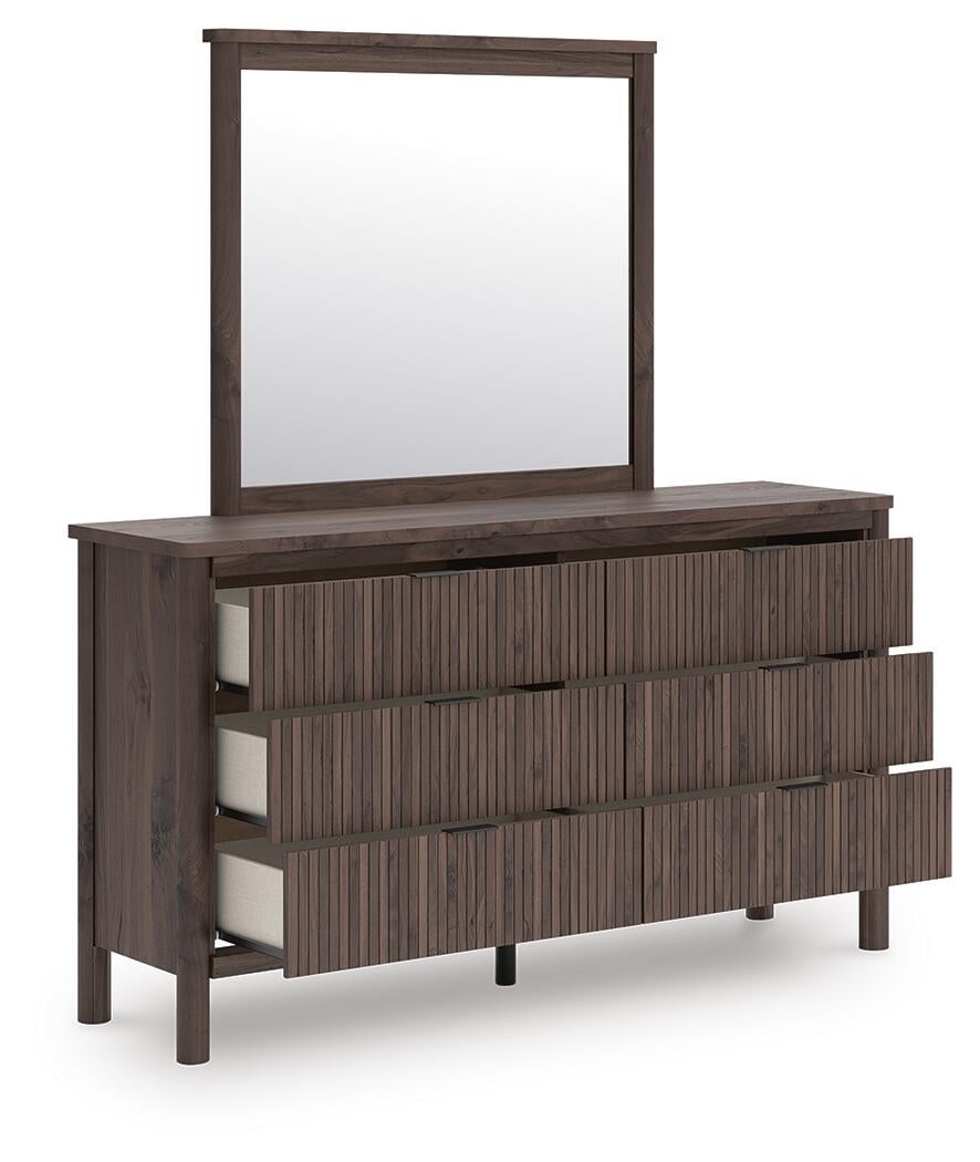 Cadmori King Upholstered Panel Bed, Dresser and Mirror