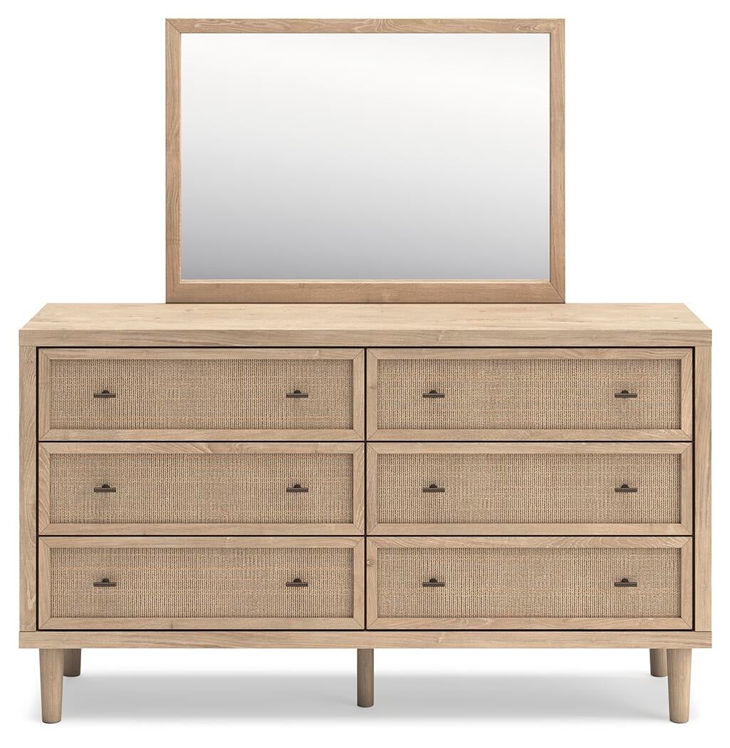 Cielden Full Upholstered Bed with Roll Slats, Dresser, Mirror, Chest and Nightstand
