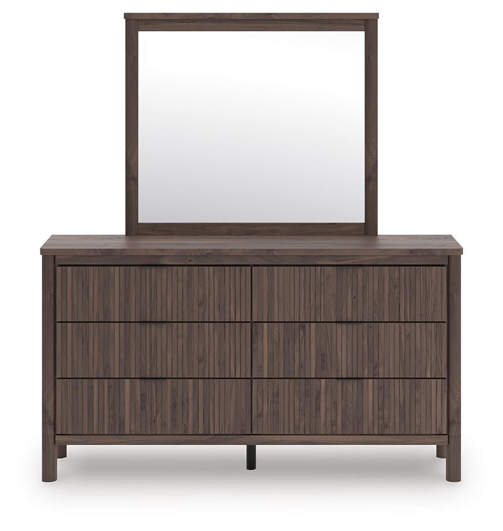 Cadmori King Upholstered Panel Platform Bed, Dresser and Mirror
