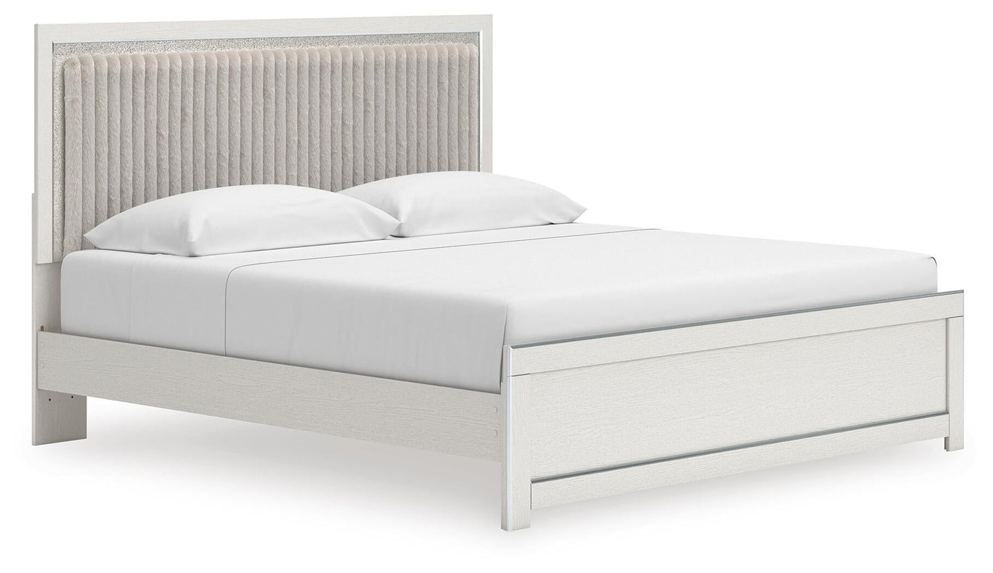 Birmonton King Upholstered Panel Platform Bed, Dresser and Mirror