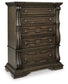 Maylee California King Canopy Bed, Dresser, Mirror, Chest and Nightstand