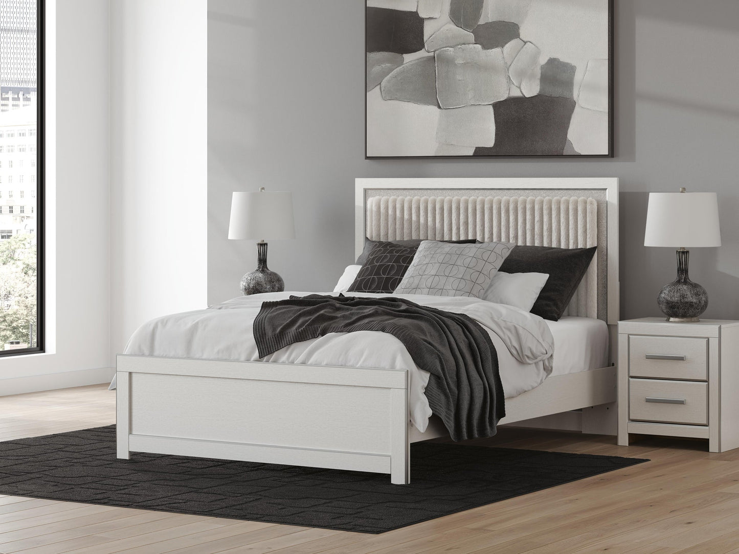 Birmonton Queen Upholstered Panel Platform Bed, Dresser, Mirror, Chest and Nightstand