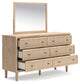 Cielden California King Upholstered Bed with Roll Slats, Dresser and Mirror