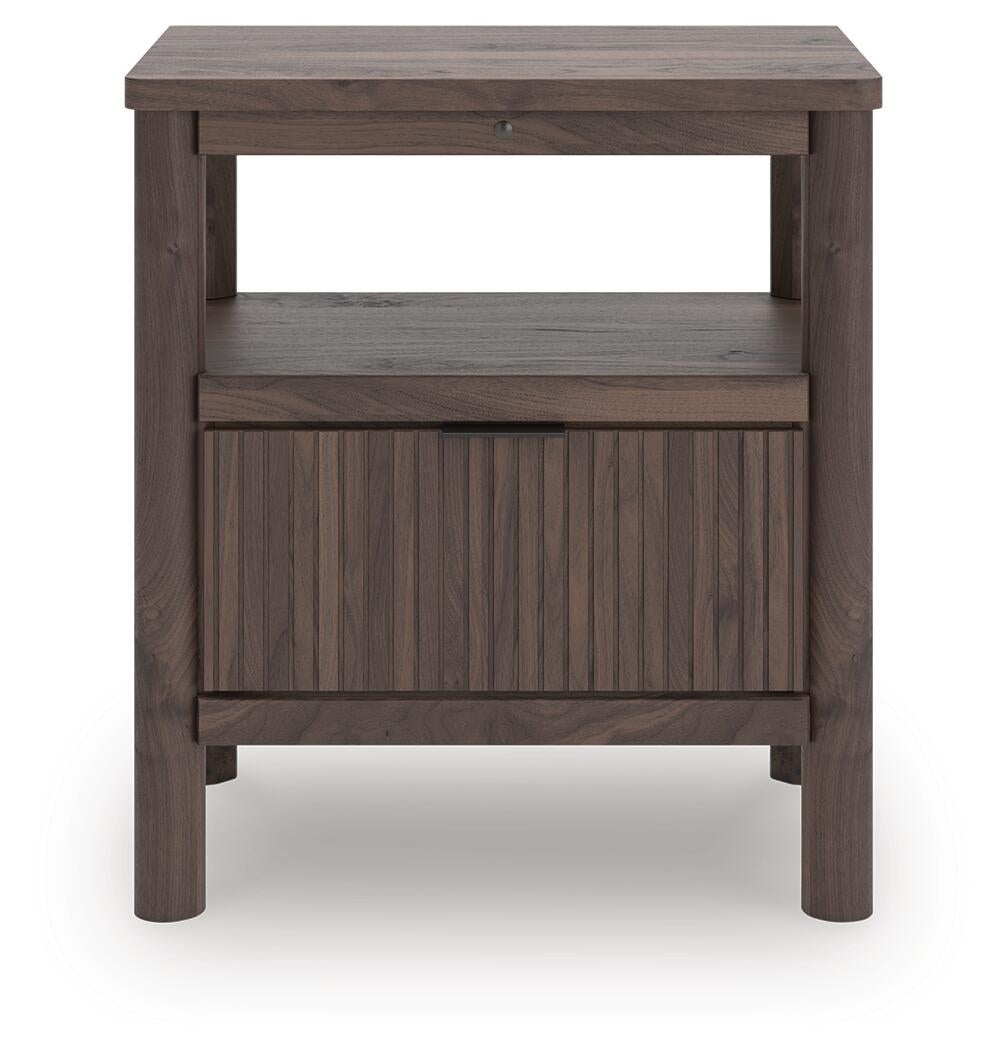 Cadmori King Upholstered Panel Platform Bed, Dresser, Mirror, Chest and Nightstand