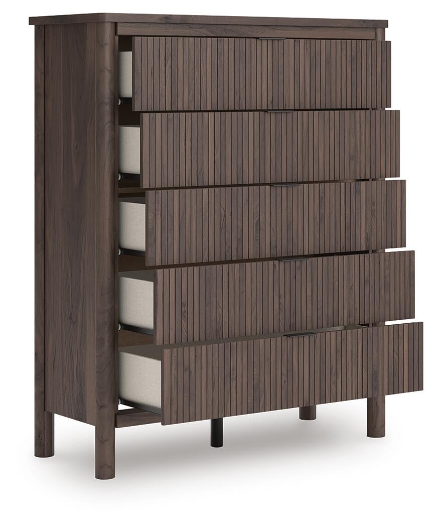 Cadmori Twin Upholstered Panel Bed, Dresser, Mirror, Chest and Nightstand