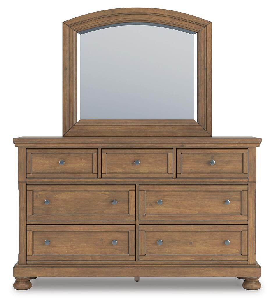 Vandenmore California King Panel Bed with Mirrored Dresser, Chest and Nightstand