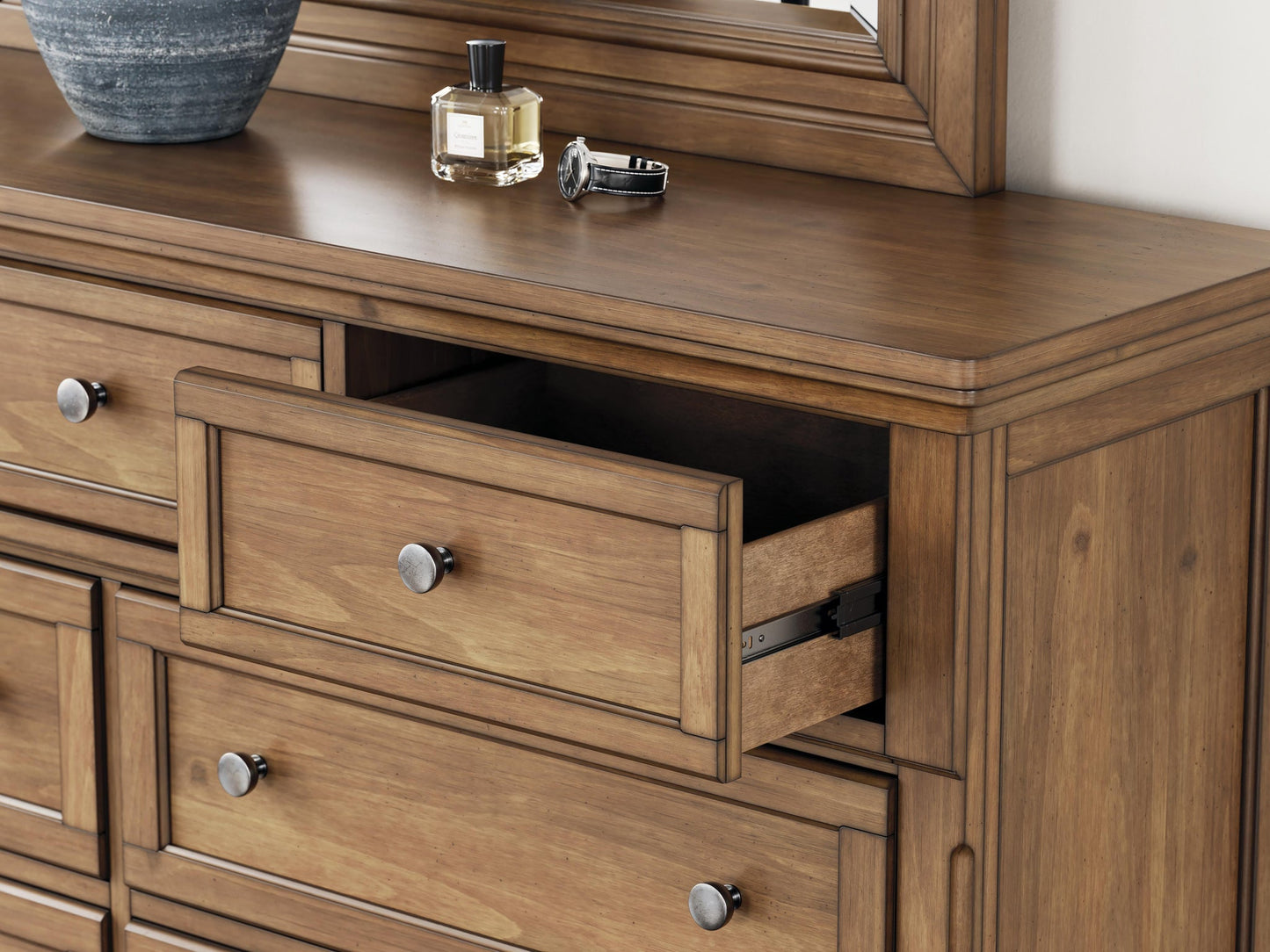 Vandenmore California King Panel Bed with Mirrored Dresser, Chest and Nightstand