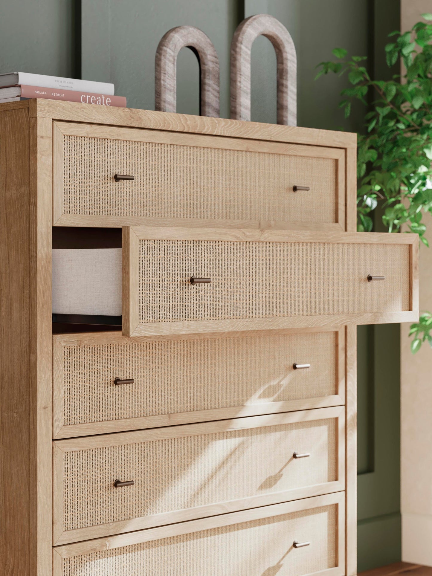 Cielden Queen Upholstered Bed with Roll Slats, Dresser, Mirror, Chest and Nightstand