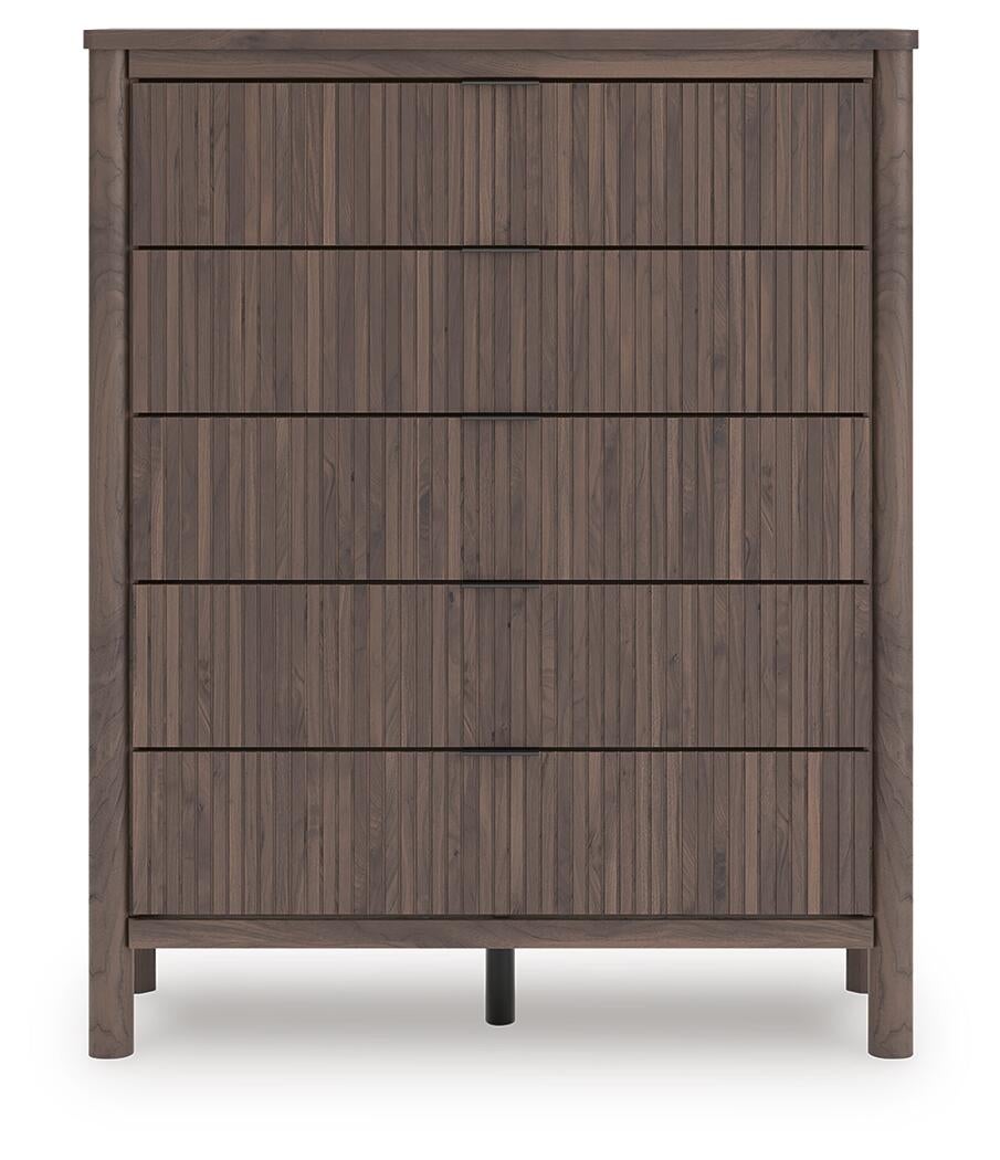 Cadmori Queen Upholstered Panel Bed, Dresser, Mirror, Chest and Nightstand